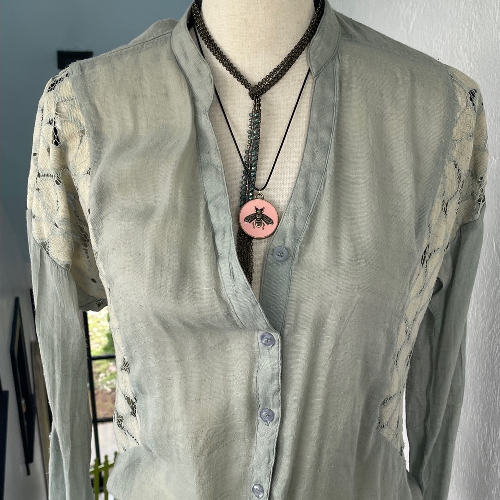 Anthropologie Mine Turquoise wash Lace‎ embroidered Bohemian Blouse Medium - Picture 3 of 6